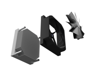 Detailed Exploded View 3D Render of Disassembled Modern CPU Cooler Components: Heatsink, Fan Housing, and Rotor Blades Isolated High-Resolution PNG for PC Cooling Technology and Technical Illustration
