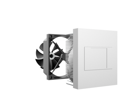 Detailed Exploded View 3D Render of Disassembled Modern CPU Cooler Components: Heatsink, Fan Housing, and Rotor Blades Isolated High-Resolution PNG for PC Cooling Technology and Technical Illustration