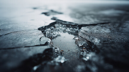 Close up of cracked ice on frozen surface reveals intricate patterns and textures, with focus on jagged edges and glistening ice crystals. scene conveys sense of cold and fragility