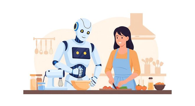 A friendly humanoid robot and a woman cooking together in a modern kitchen, illustrating future technology and domestic life.