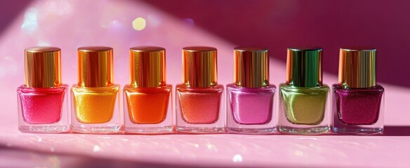 A Row of Shimmering Nail Polish Bottles with Golden Caps on a Pink Glittery Surface