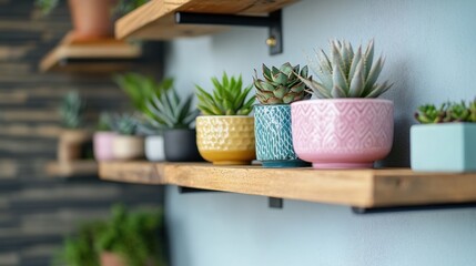 A Row of Colorful Succulent Plants in Decorative Pots on a Wooden Shelf
