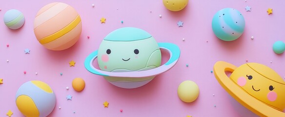 Adorable Kawaii Planets and Stars Floating in a Dreamy Pink Cosmic Nursery