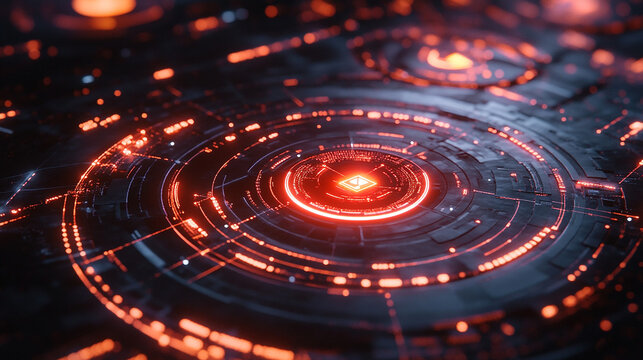 Futuristic technology abstract background with glowing orange lights and circuit patterns