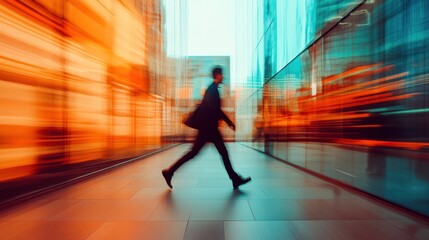 Blurred Businessman Rushing Through Futuristic Orange and Teal Cityscape with Motion Blur