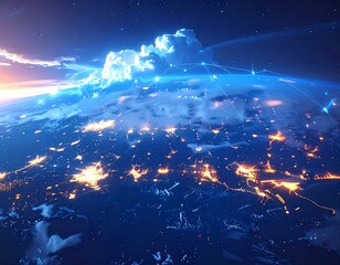 Obraz premium Digital illustration showing Earth from space with connected networks