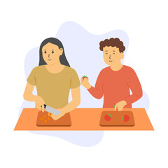Flat Illustration of Two People Chopping Vegetables on a Cutting Board, Cutting Carrots and Tomatoes. Suitable for Cooking, Food Preparation, and Culinary Arts.