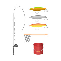 Fishing Equipment Collection with Fishing Rod, Fish-Shaped Bait, Spoon Fishing Net, and Bucket. Suitable for Outdoor Activities, Hobbies, and Fishing Sports.