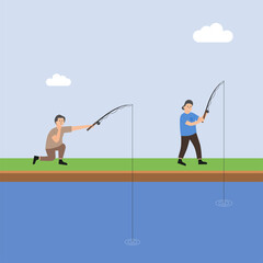 Flat Illustration of Two People Fishing in a River with a Clear Sky and Clouds in the Background. Perfect for Hobbies, Adventures, and Nature Concepts.