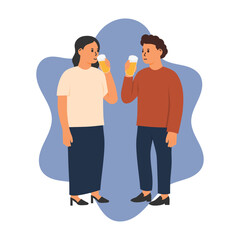 Flat Illustration of a Man and Woman Standing While Holding Fruit Juice Drinks. Perfect for Healthy Lifestyle, Summer, Drinks, and Refreshment.
