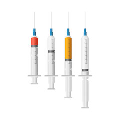 Collection of Various Medical Syringes. Some Are Filled With Liquid And Others Are Empty. Suitable for Healthcare, Vaccines, and Medical Supplies.