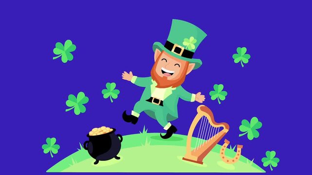 Animated St. Patrick's Day Illustration: Dancing Leprechaun on Green Hills with Golden Pot, Irish Harp, and Lucky Four-Leaf Clovers.