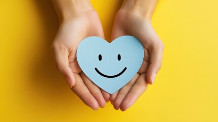 Obraz premium A pair of hands holds a light blue heart with a smiling face, set against a bright yellow background, symbolizing positivity and love.