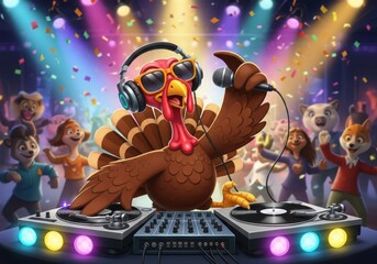 Funny DJ Turkey Cartoon at Party Mixing Music with Animals and Colorful Lights
