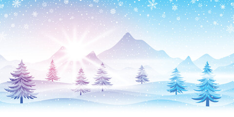 Fairytale winter landscape, mountains with forest in the fog, shining sun, snowdrifts and snowfall, vector illustration
