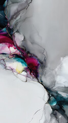 Abstract fluid art with vibrant colors and flowing patterns creates dynamic and captivating visual. blend of pink, blue, and yellow hues contrasts with soft gray background, evoking sense