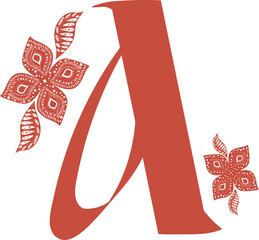 Hand-drawn letter A with a broad-pointed brush and patterns reminiscent of Old Russian painting, for printing on clothes, postcards, stickers, websites.