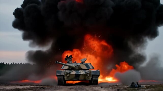 Powerful tank firing amidst a fiery explosion on a military training ground, showcasing intense firepower and strategic warfare capabilities