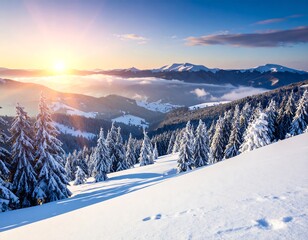 Snowy mountain range at sunrise