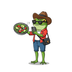 Cartoon frog influencer capturing a photo of a fresh vegetable salad