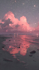 Serene beach scene at dusk with pink clouds reflecting on wet sand, under starry sky. tranquil atmosphere is enhanced by soft glow of distant lights on horizon