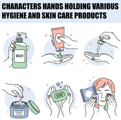 Skincare and Hygiene Routine Set. Characters Hands Holding Soap, Cream, Serum and Wiped Cleansing Tissue. Beauty Concept Vector Illustration.