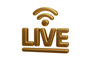 Live streaming text with broadcasting wifi signal, golden 3d icon for online media and events