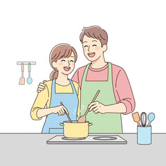 Couple happily cooking together in a kitchen