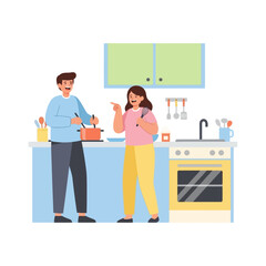 Joyful couple cooking and singing together in the kitchen at home