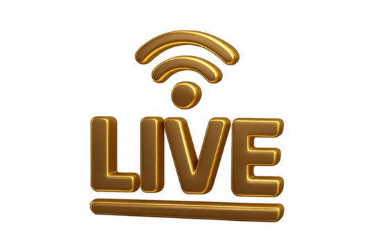 Live streaming text with broadcasting wifi signal, golden 3d icon for online media and events