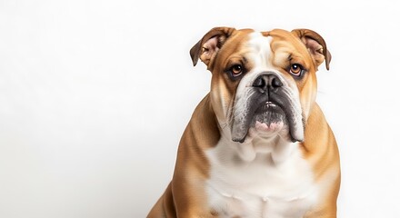 Obraz premium Portrait of a Focused Bulldog Against a White Background.