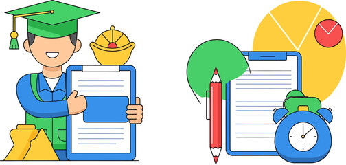 Vector illustrations of academic success, career planning, and time management. Featuring a graduate, important documents, and tools for educational and professional goal achievement
