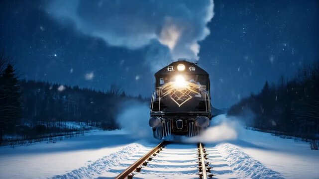 Vintage steam train chugging through snowy winter wonderland under starry night sky, creating magical journey and nostalgic adventure feeling, motion blur effect
