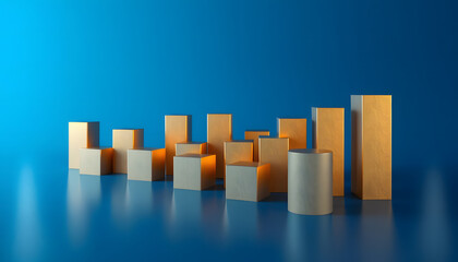 A 3D business chart shows financial growth and success with a bar graph, up arrow, and statistic data