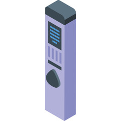 Isometric digital kiosk with touch screen display and geometric shape in lilac and gray tones isolated on a white background clean and modern design for information access