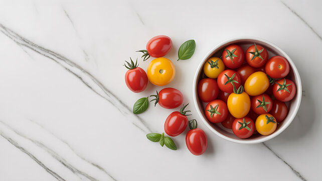 Fresh Red and Yellow Cherry Tomatoes with Basil Leaves on Marble red tomatoes yellow tomatoes