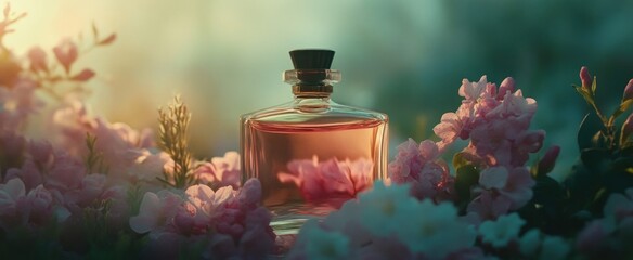 Elegant Perfume Bottle Amidst Soft Pink Blossoms and Golden Hour Light
