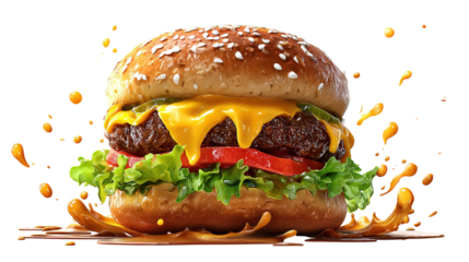 Flying burger on transparent background. png file
