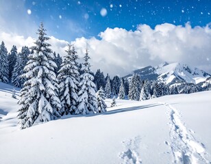 Fototapeta premium Snowy mountain landscape with fir trees (1)