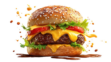 Flying burger on transparent background. png file