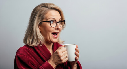 Surprised Woman in Robe Holding Mug with Astonishment Expression Morning Coffee or Tea Beverage Energy Boost Relaxation Concept