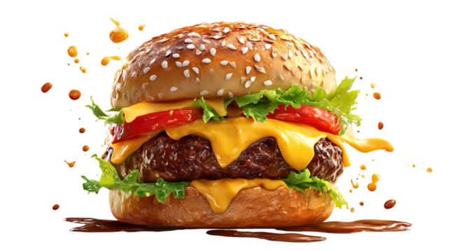Flying burger on transparent background. png file