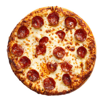 A top view of a round pizza with melted cheese and pepperoni isolated on transparent background