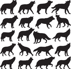 A grid of twenty black wolf silhouettes in various poses and movements on a white background animal