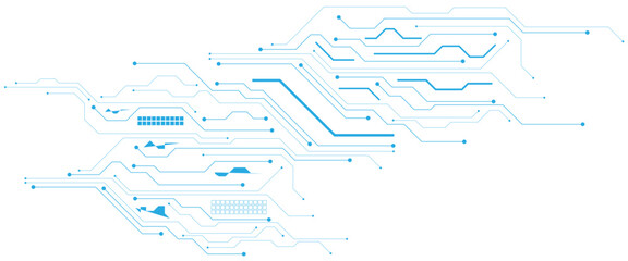 Vector white abstract ON power button in the center of futuristic circuit board with light glowing wires on technology background.