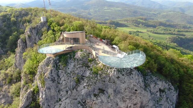 Transparent Viewpoint Near City Cacak in West Serbia. Mesmerizing Nature From Hill Looking on Gorge, Ovcar-Kablar. Drone Shot