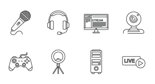 Collection of streaming and gaming equipment icons for online content creation and broadcasting vector
