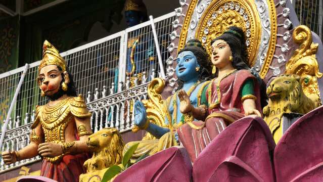 Colorful mythological sculptures seen on the arch building of Vaishno Devi Temple, Haridwar, Uttarakhand, India
