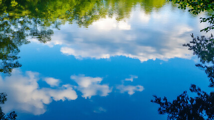 Obraz premium Calm Reflective Water Surface Sky Clouds Tranquil Day at Picturesque Lake