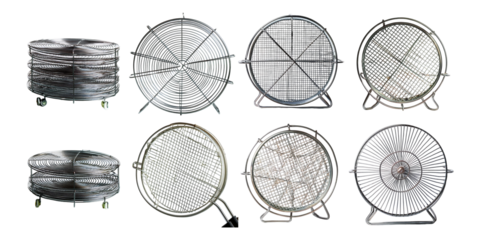 Set of round metal cooling racks with various grid designs, ideal for cooling baked goods and other foods, isolated on a transparent background.